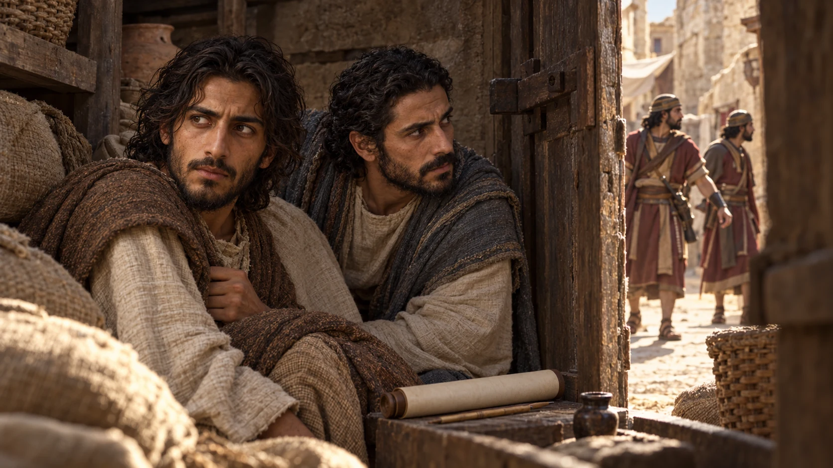 Jeremiah and Baruch shelter while royal messengers search outside.