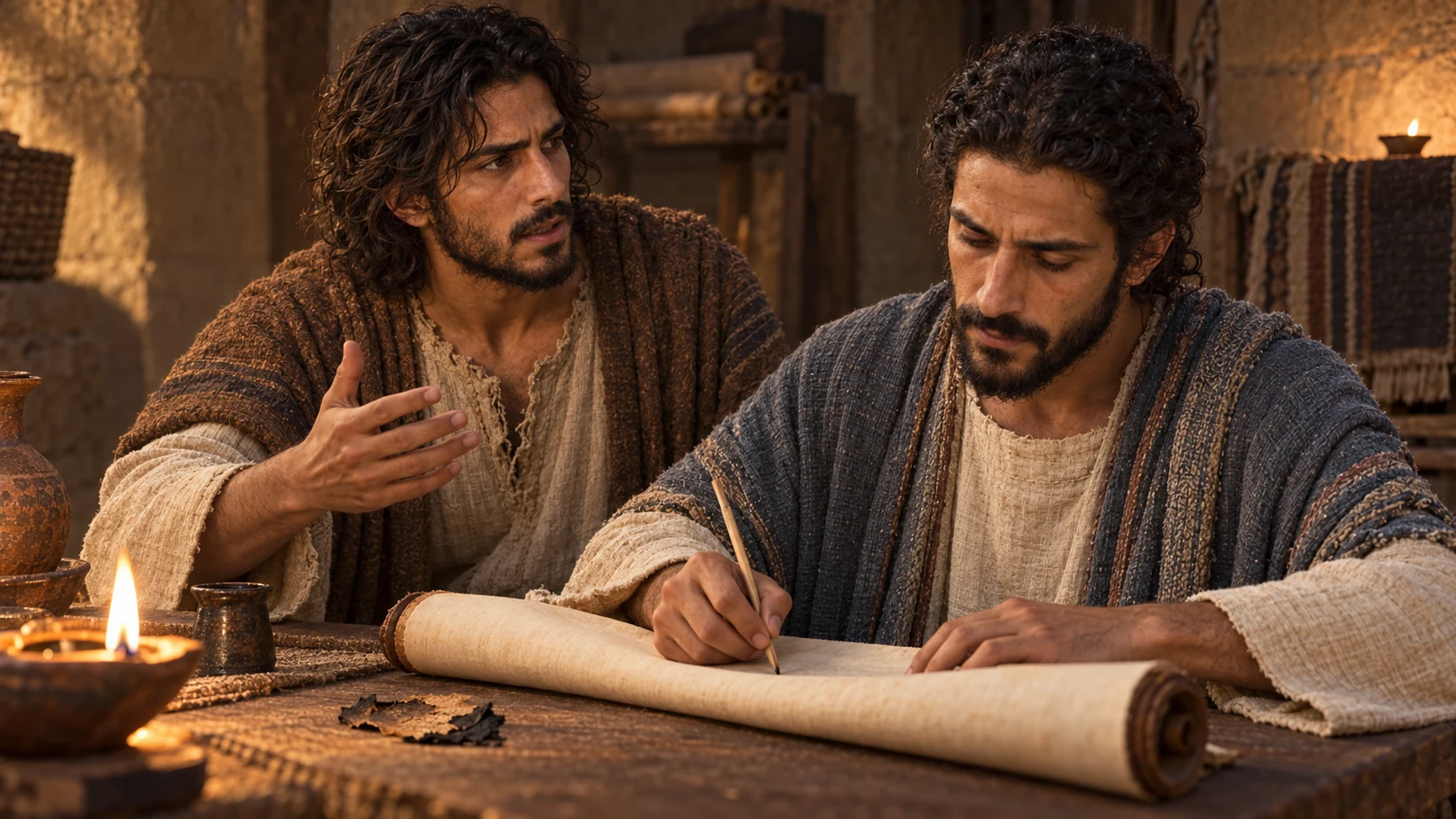 Baruch writes anew as Jeremiah dictates beside a charred fragment.