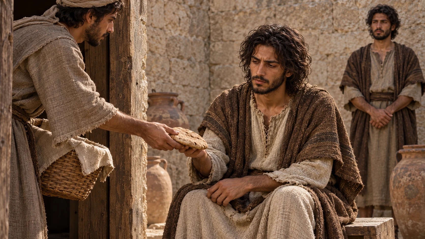 A baker’s assistant gives Jeremiah a loaf in the guarded court.