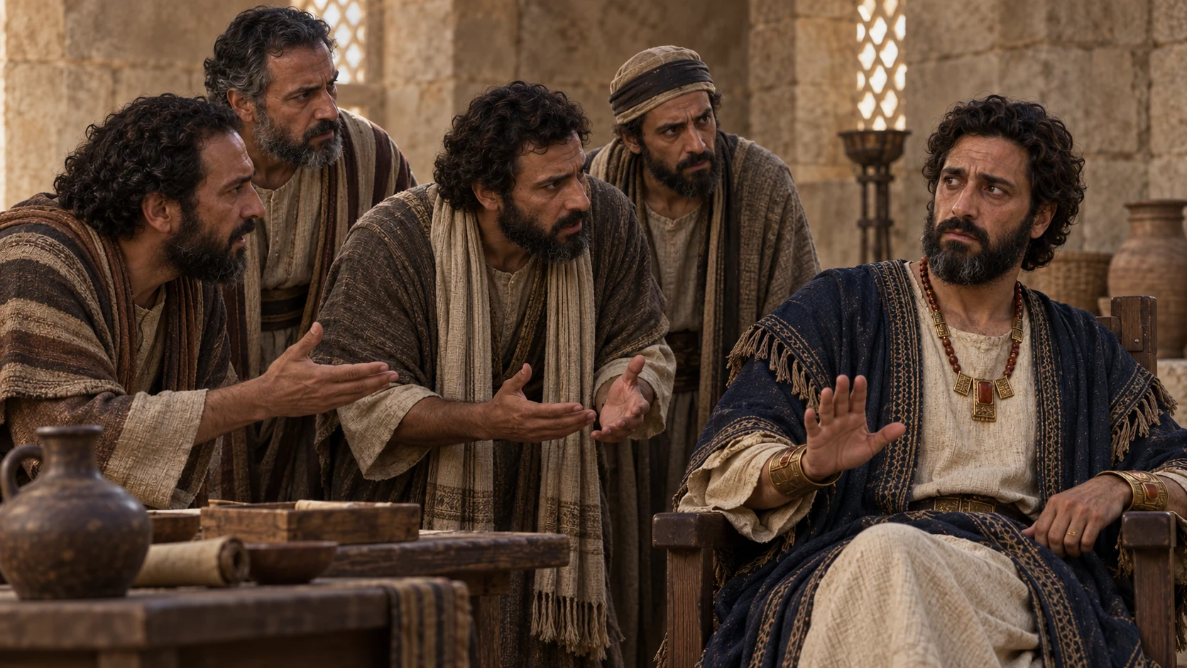 Four officials press a troubled Zedekiah in a modest audience room.