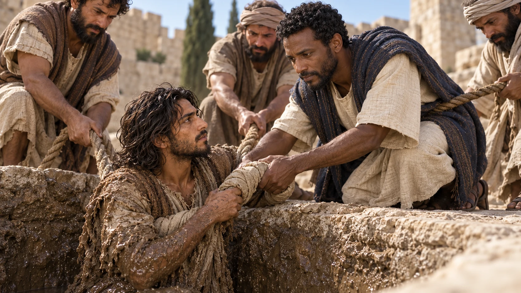 Helpers lift Jeremiah as Ebed-melech guides a padded rope.