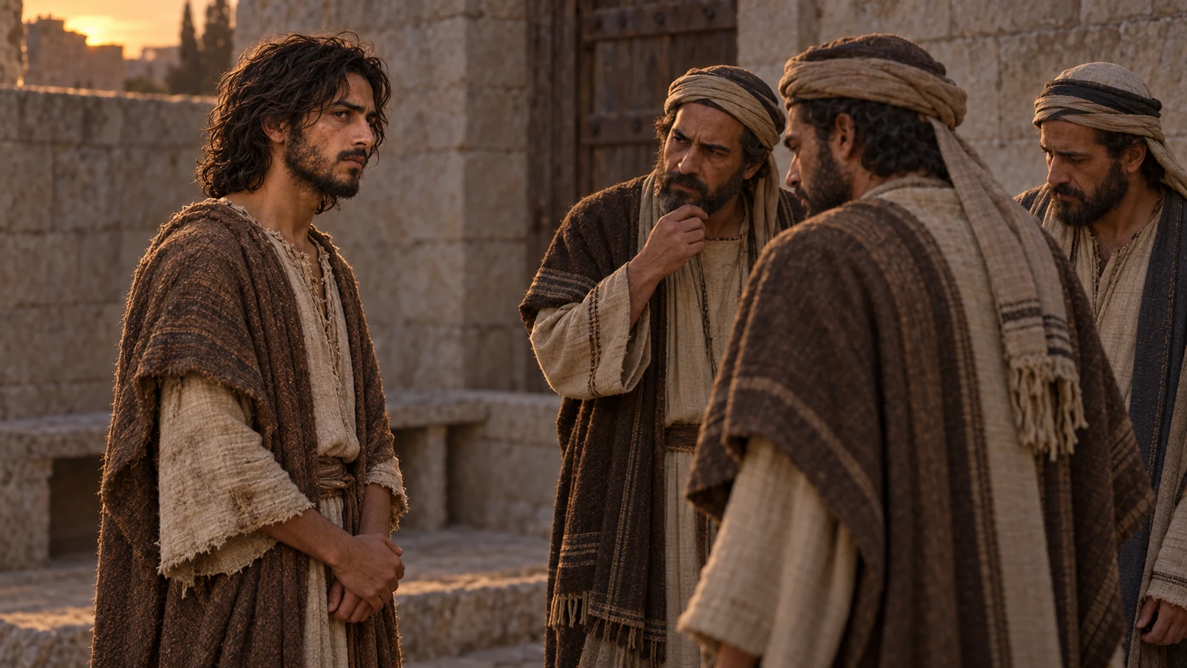 Jeremiah faces officials who question him at dusk.