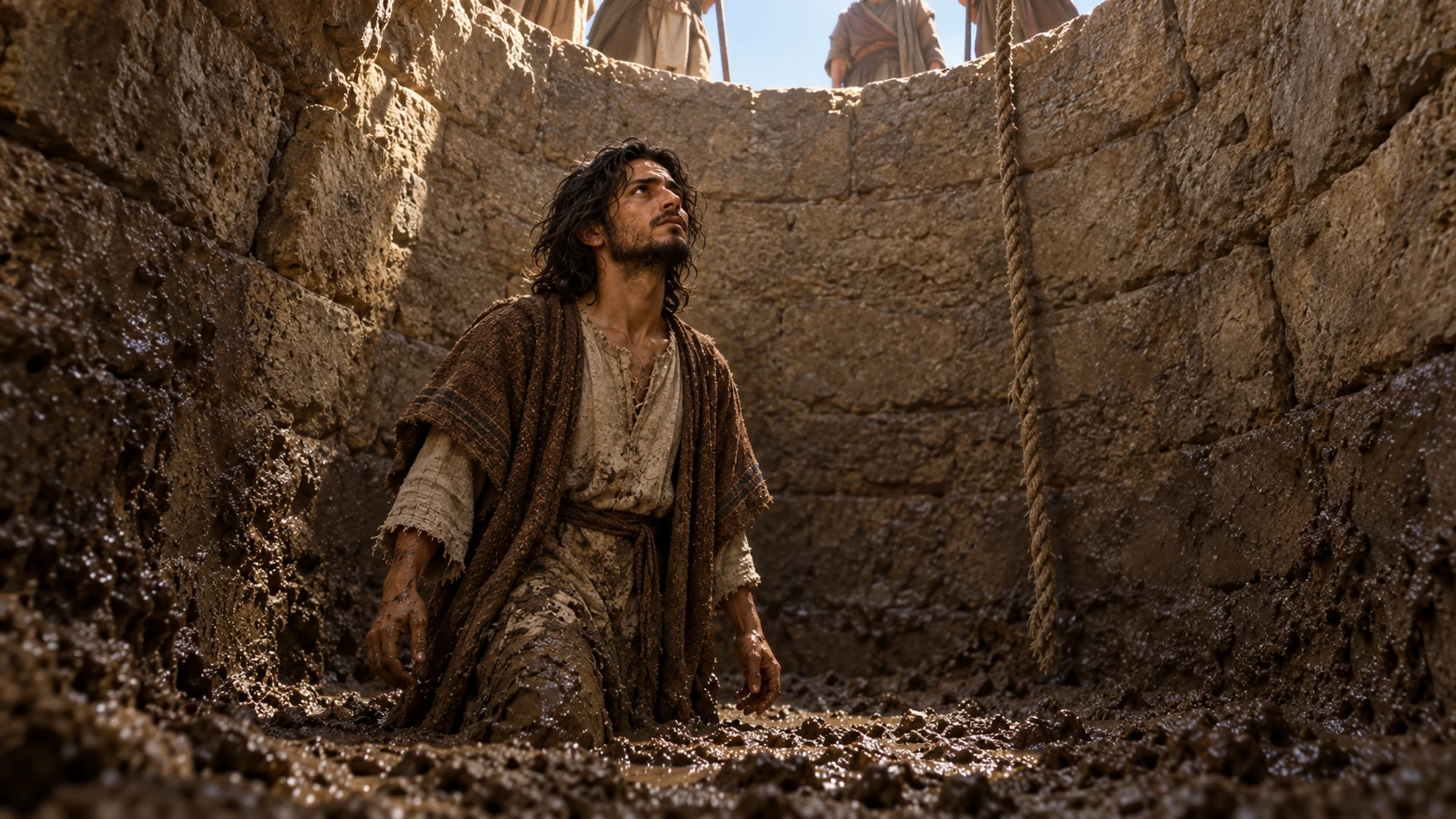 Jeremiah stands in mud beneath the cistern opening.