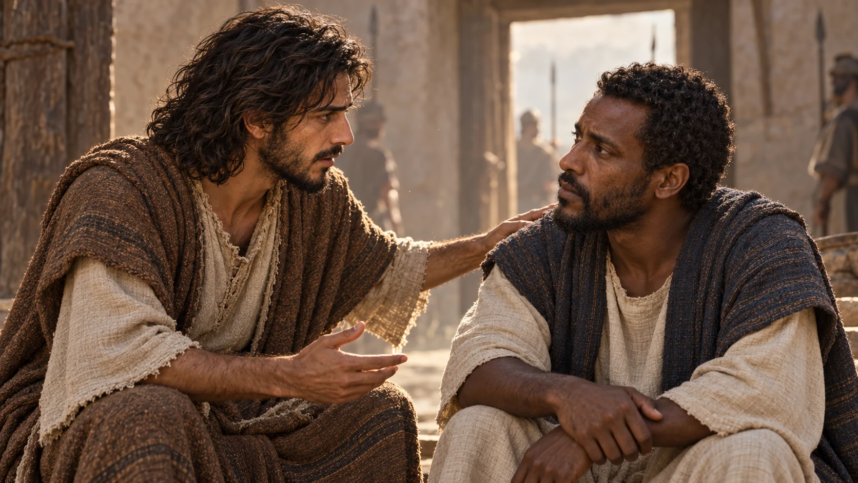 Jeremiah speaks reassuringly to Ebed-melech in the guard court.