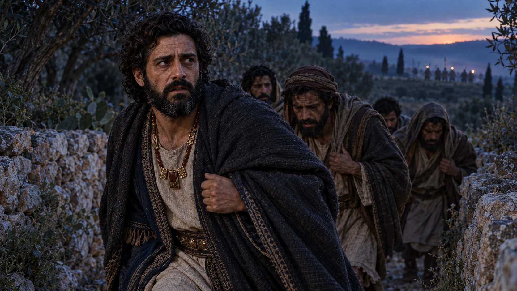 Zedekiah leaves by a garden path as pursuers appear far away.