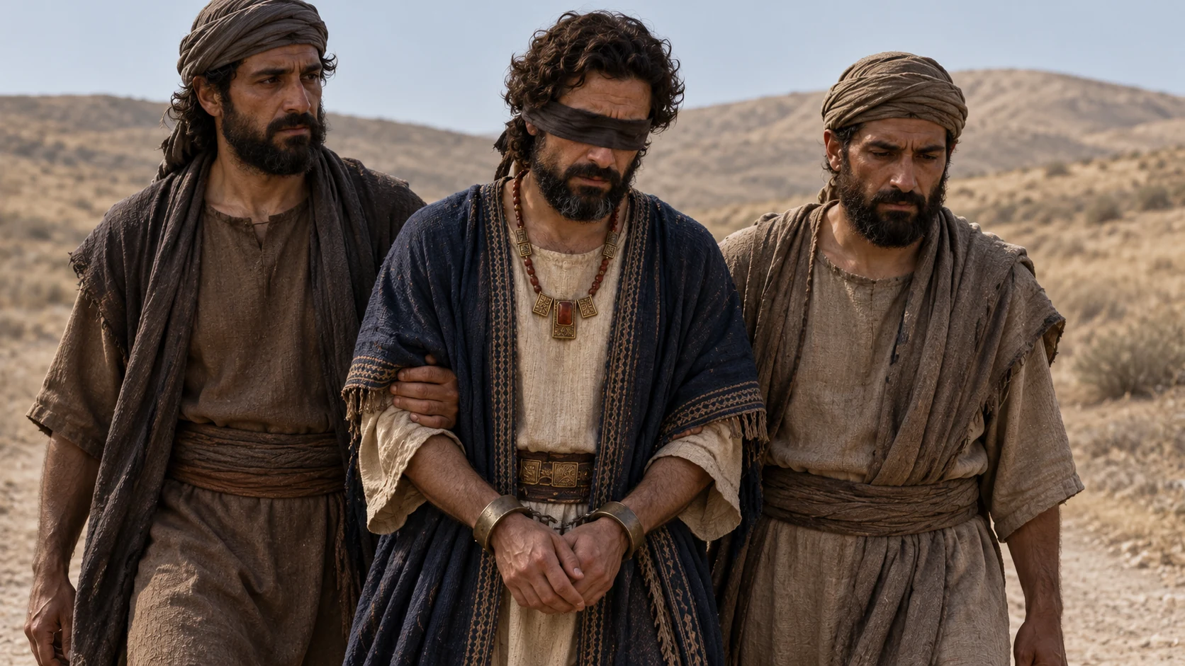 A grieving Zedekiah is guided across open hills.