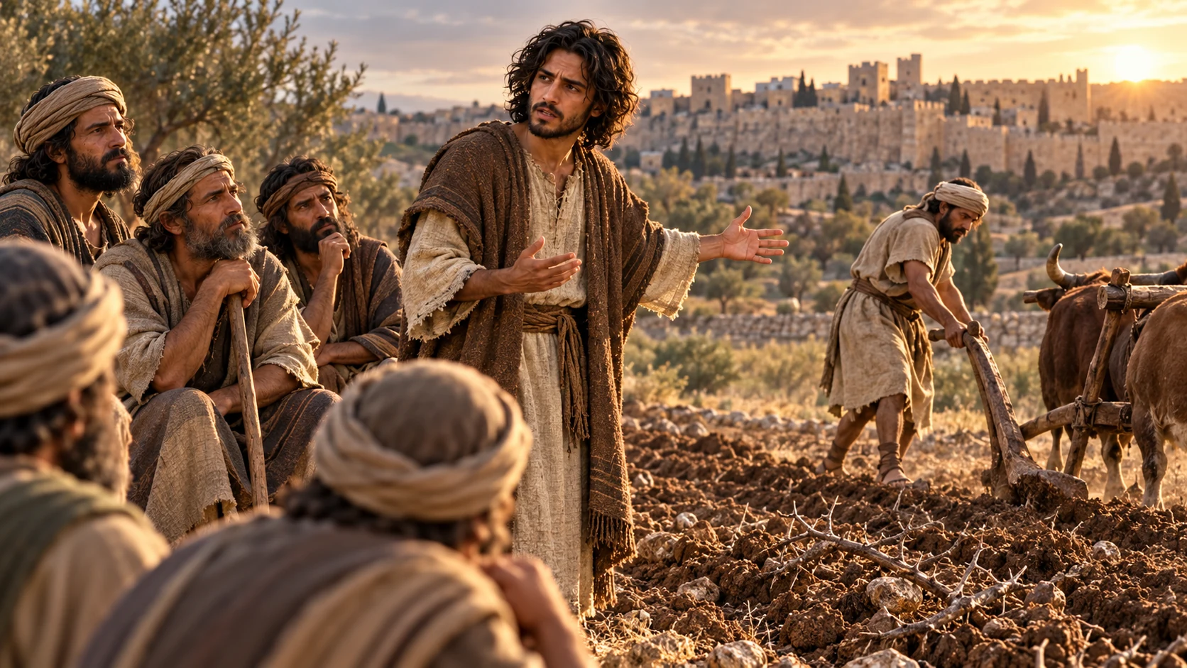 Jeremiah speaks to farmers as a plow turns thorny, unworked soil outside Jerusalem.