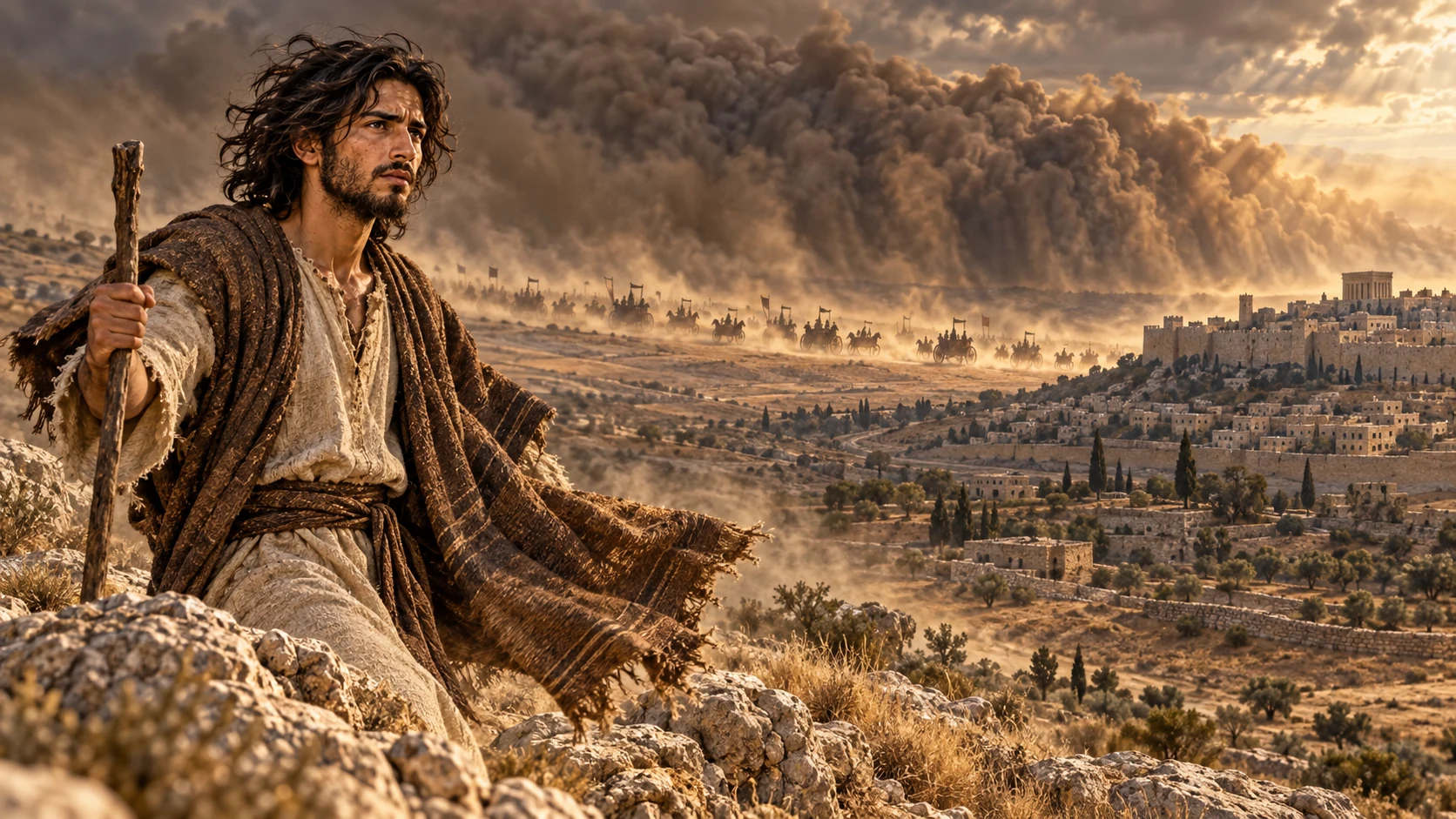 Jeremiah faces a dust-darkened northern horizon with distant chariots in a prophetic vision.