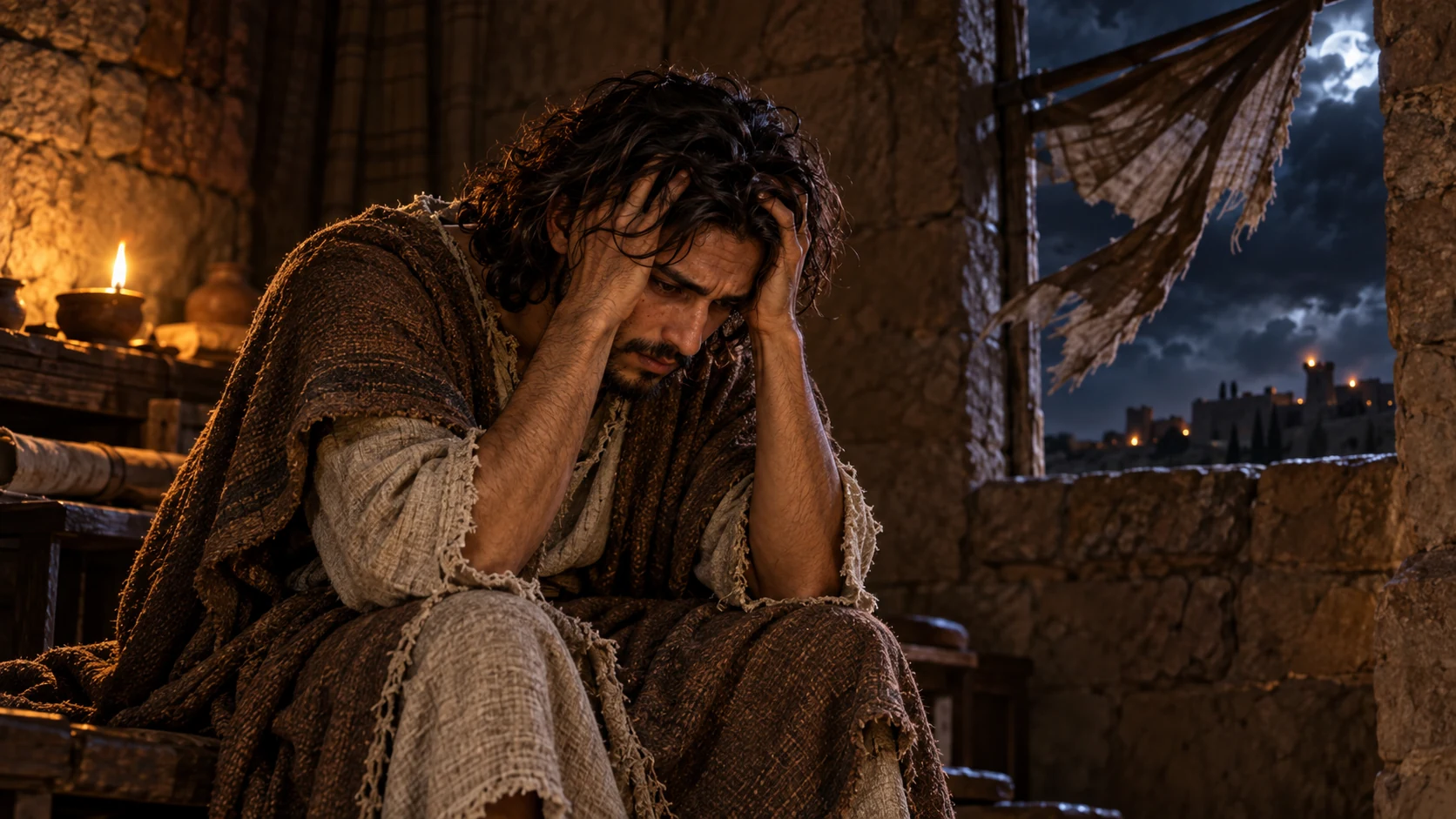 Jeremiah sits in anguish inside a dim stone room while signal lights show through an opening.