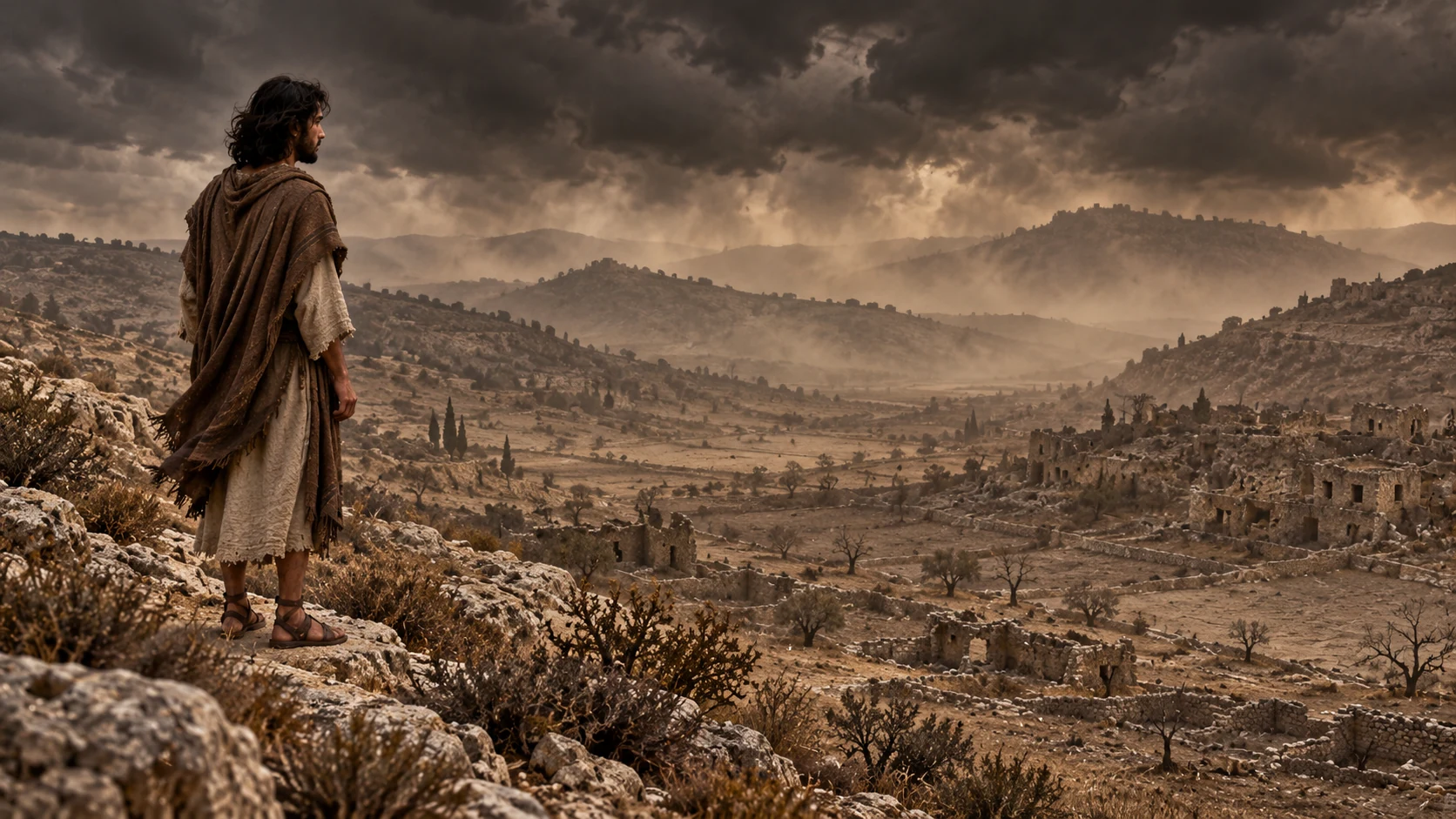 Jeremiah looks across an eerily empty Judean valley beneath a dark prophetic sky.