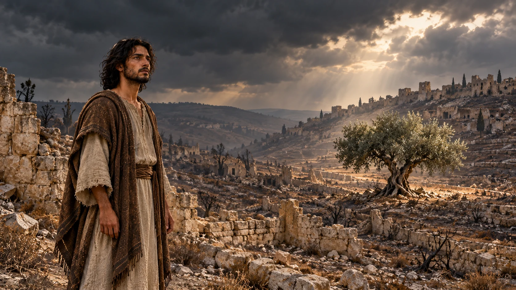 Jeremiah stands among ruined terraces while one living olive tree remains.