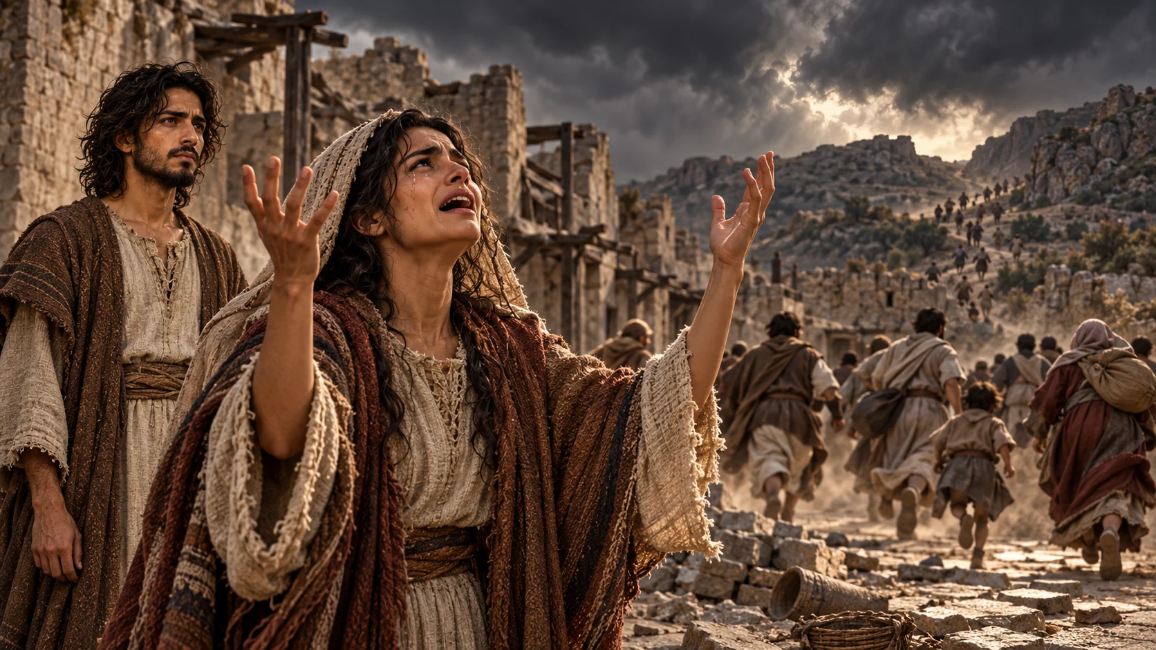 Jeremiah stands beside a grieving woman as people flee a deserted town.