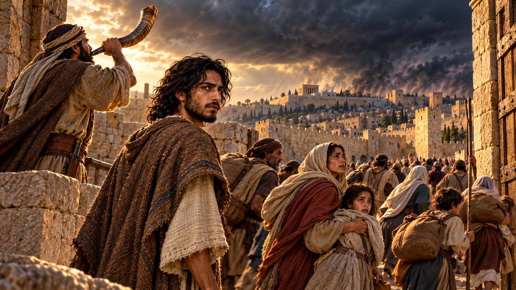 A watchman sounds a horn at the gate while Jeremiah and families look toward a threatening sky.
