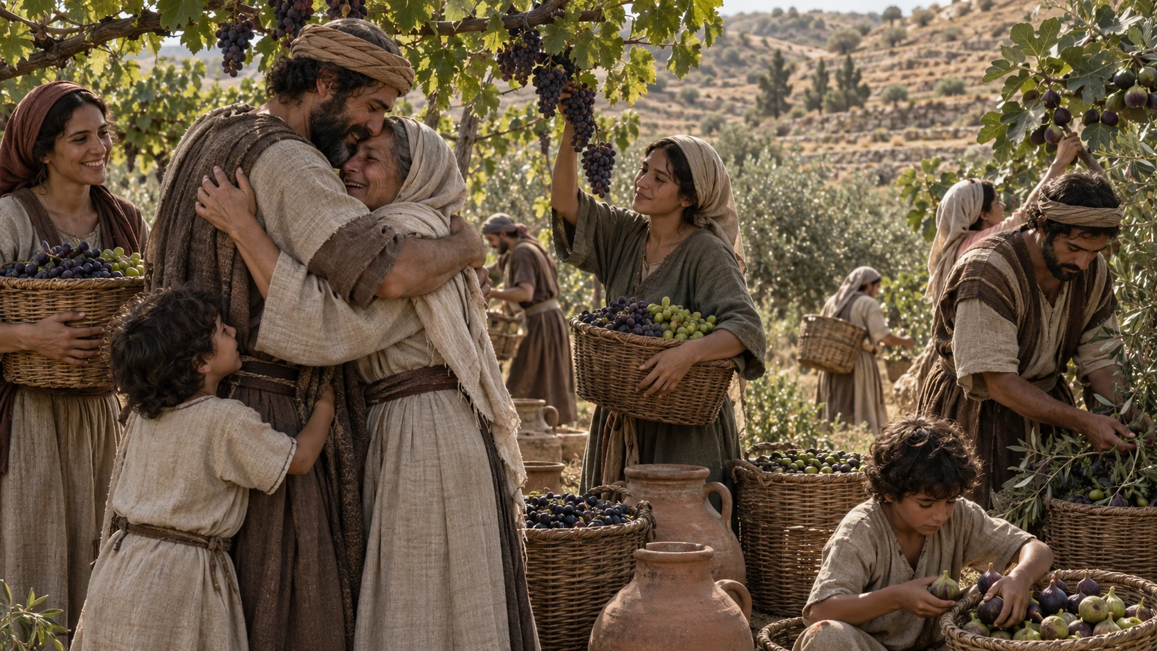 Families reunite and harvest grapes and figs in the fields.