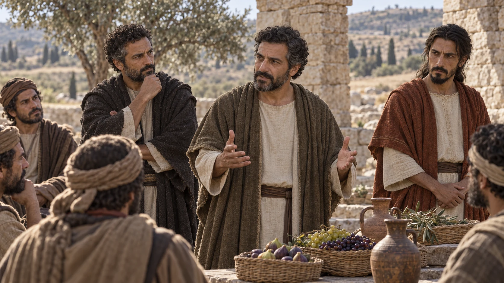 Gedaliah addresses Johanan, Ishmael and other captains beside fruit baskets.