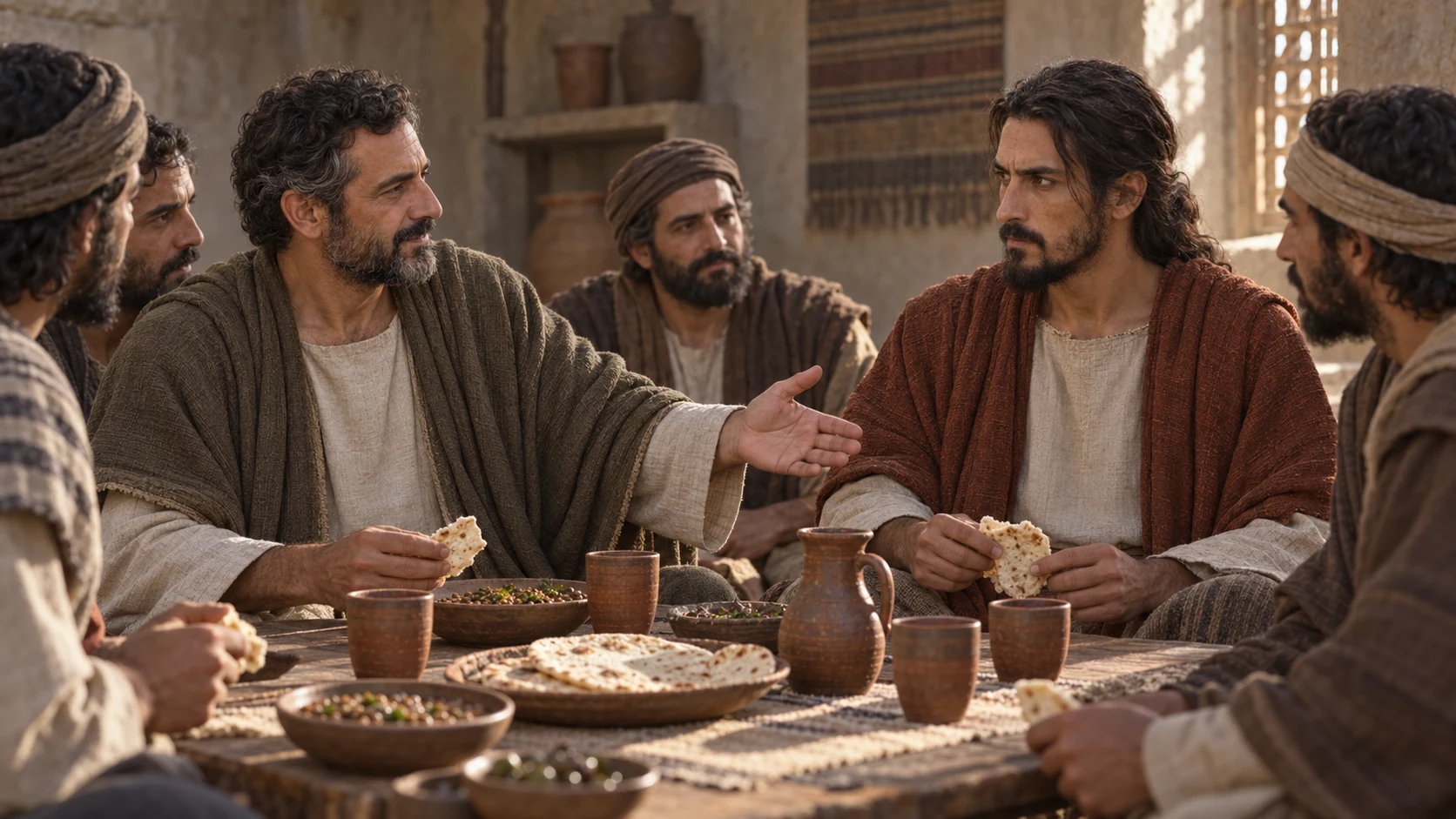 Gedaliah breaks bread with a guarded Ishmael.