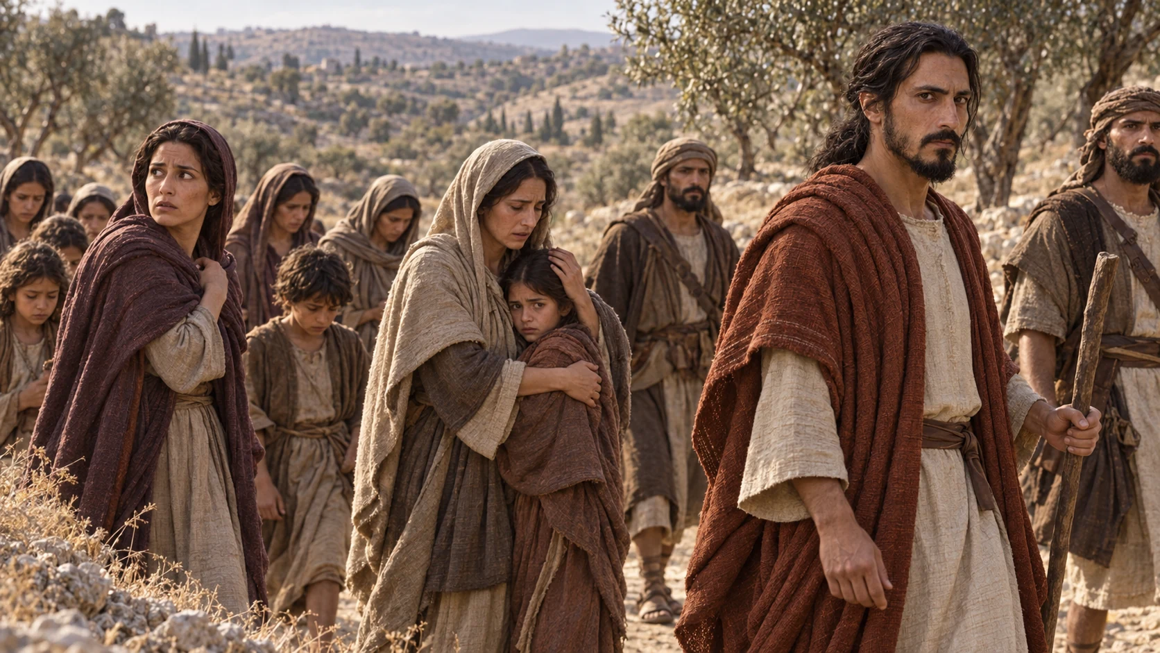 Women and children travel anxiously under Ishmael’s watch.