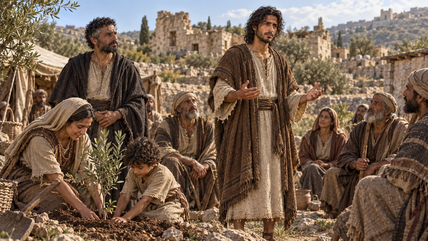 A family plants an olive sapling as Jeremiah speaks of restoration.
