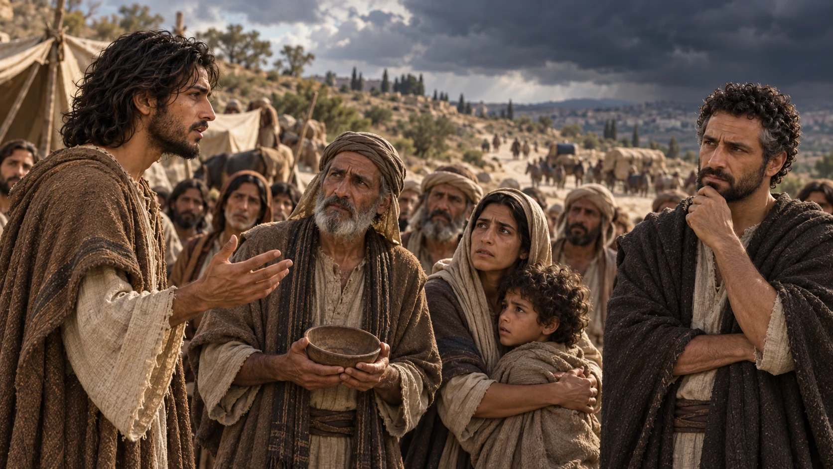 An elder holds an empty bowl as Jeremiah warns the assembled remnant.