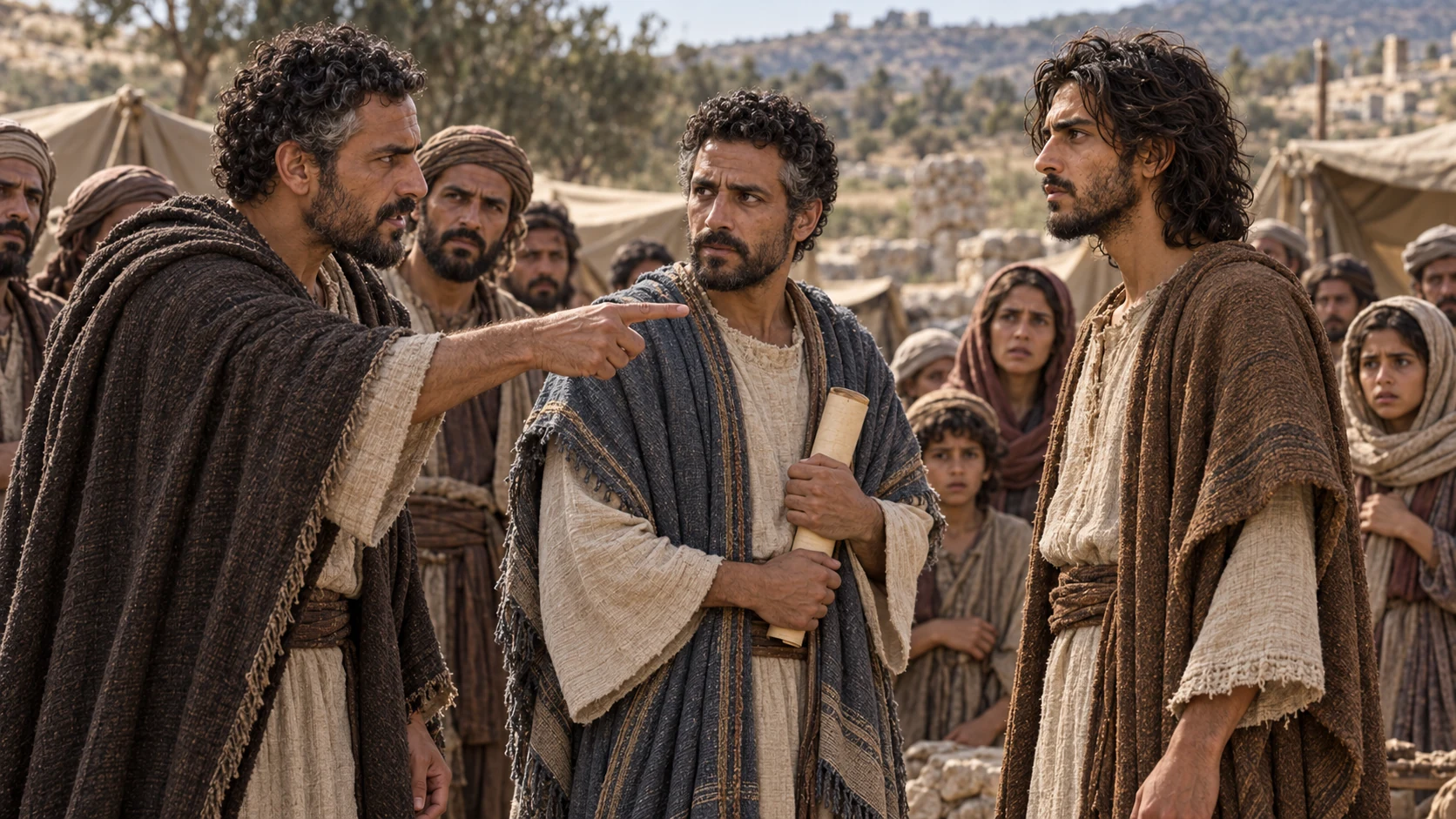Johanan confronts Jeremiah while Baruch stands beside him with a scroll.
