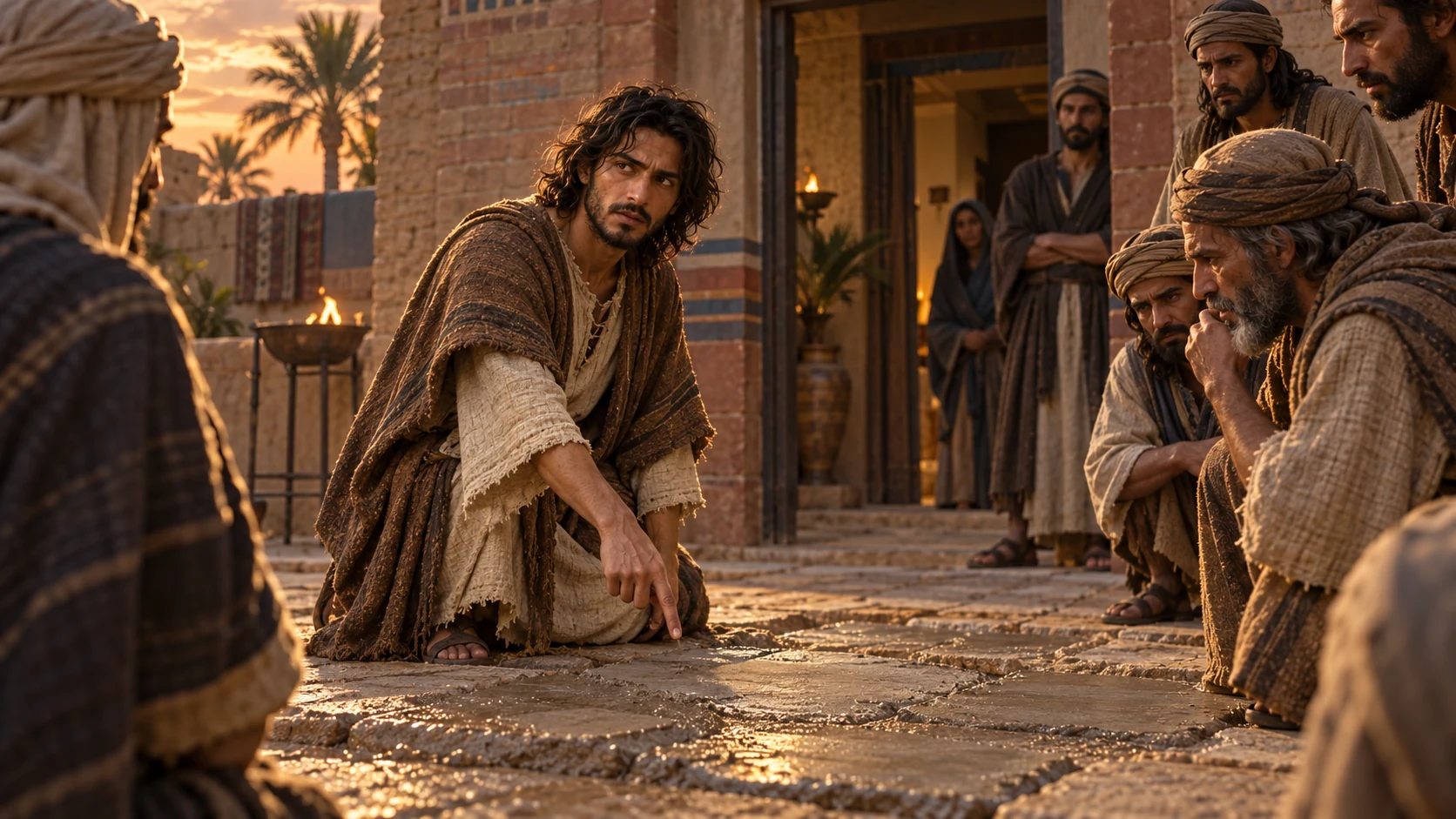 Jeremiah points to the newly covered stones as witnesses listen.