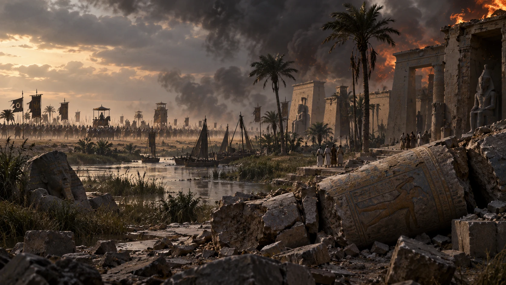 A prophetic vision shows a distant army and a fallen Egyptian pillar.