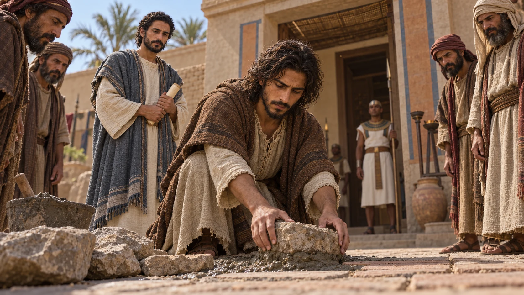 Jeremiah embeds stones in wet mortar near Pharaoh’s residence.