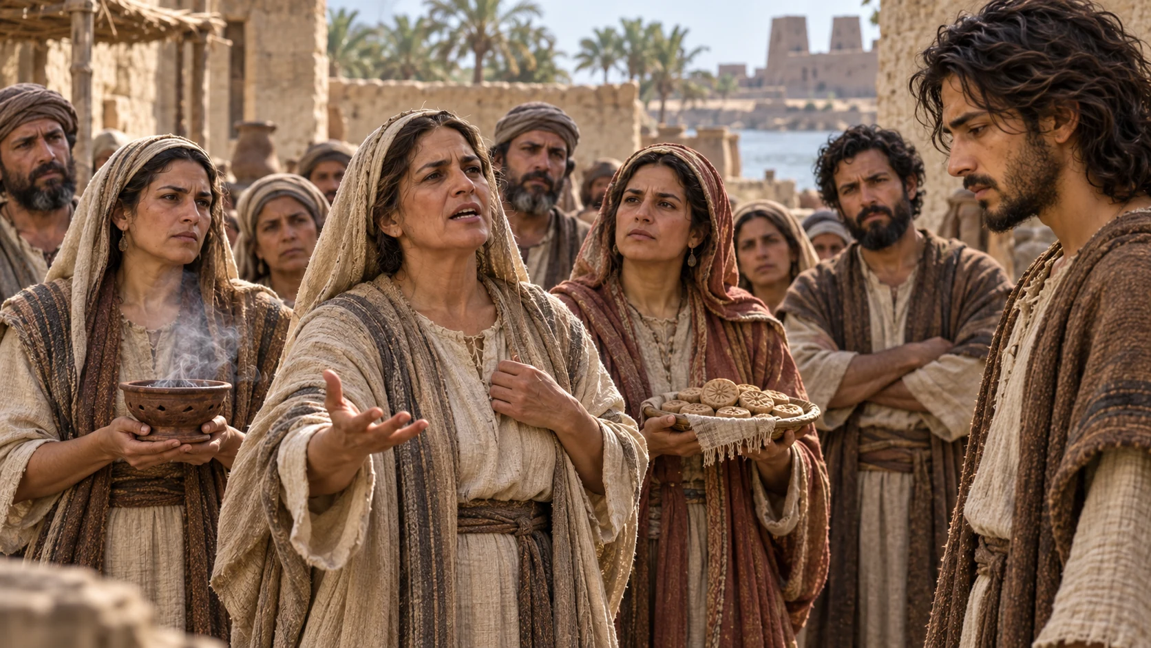 A woman answers Jeremiah with incense and offering cakes in hand.