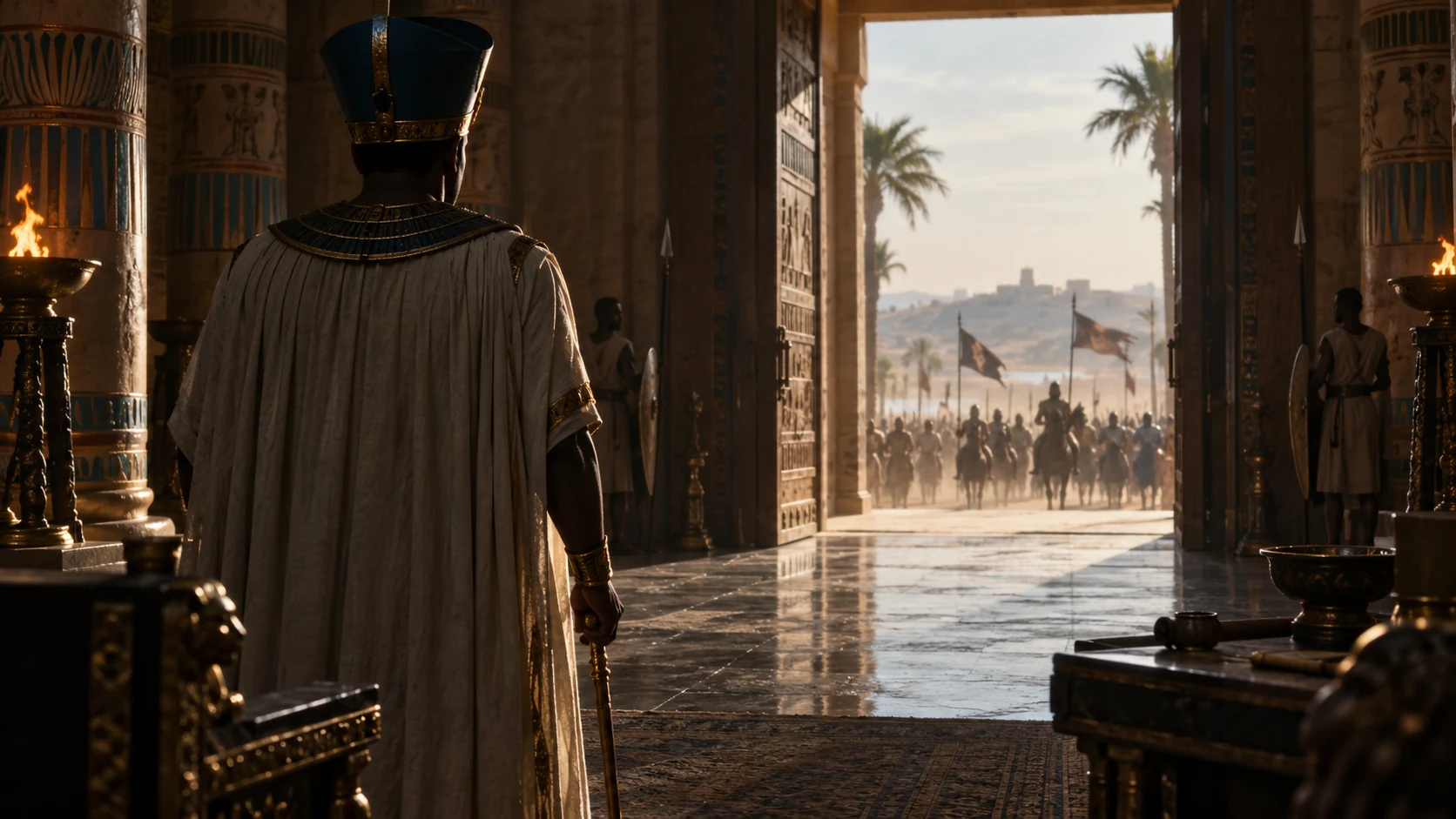 A visualized future shows Hophra threatened within his royal hall.