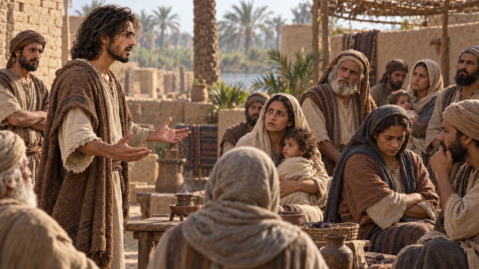 Jeremiah pleads with families beside a small smoking incense brazier.