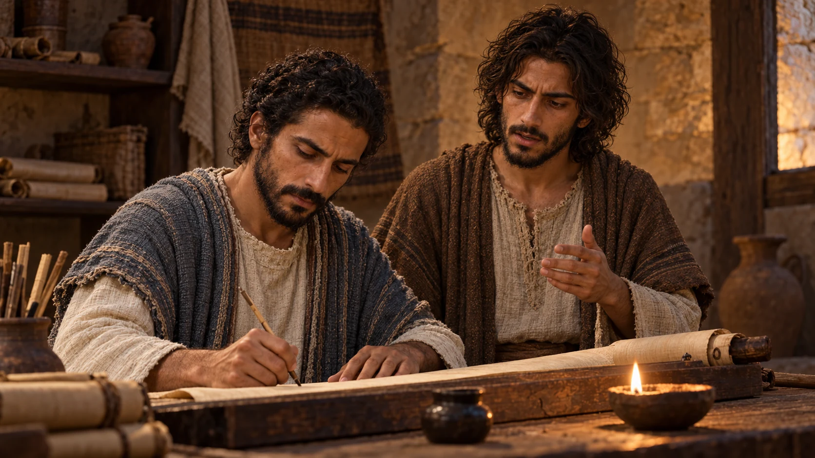 Baruch writes on a scroll by lamplight while Jeremiah dictates.