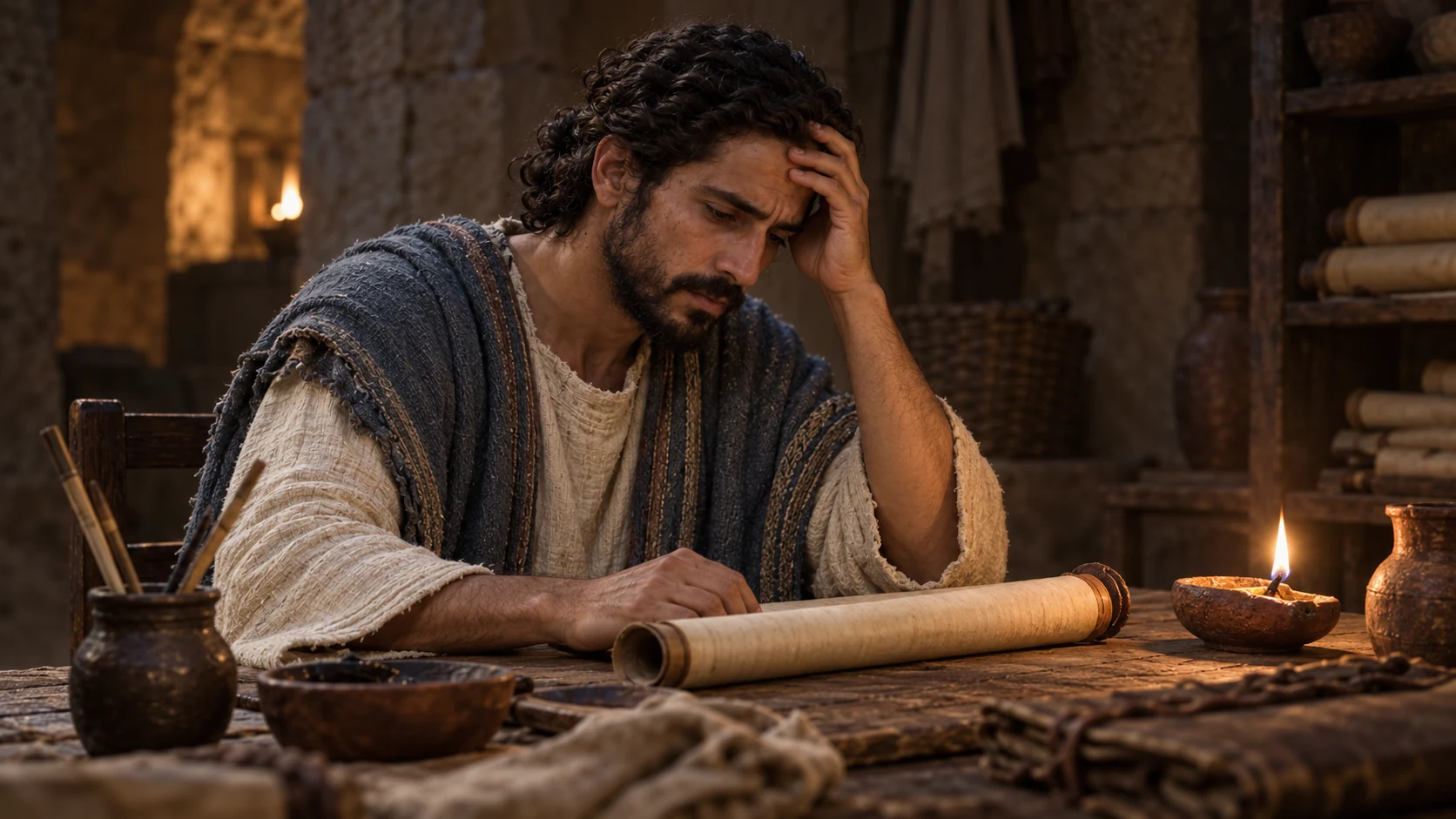 Alone after writing, Baruch rests his head in his hand.