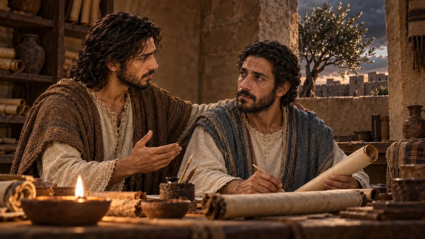 Jeremiah speaks to Baruch, who lifts his eyes with fragile resolve.