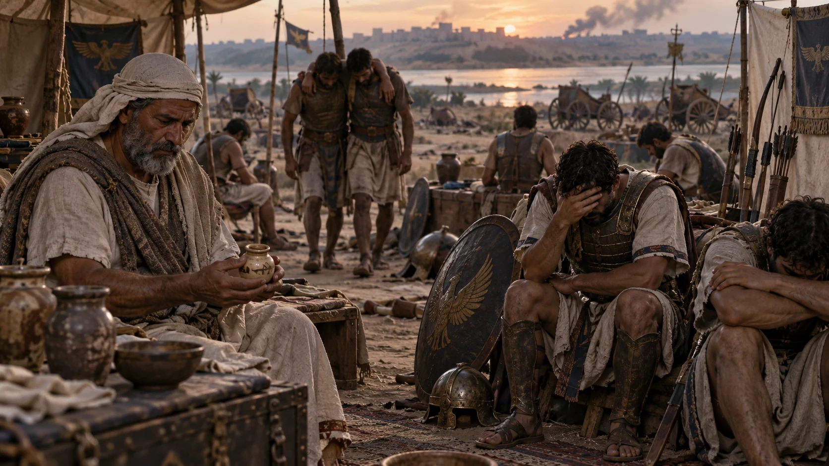 A healer holds a balm jar while exhausted soldiers sit in silence.