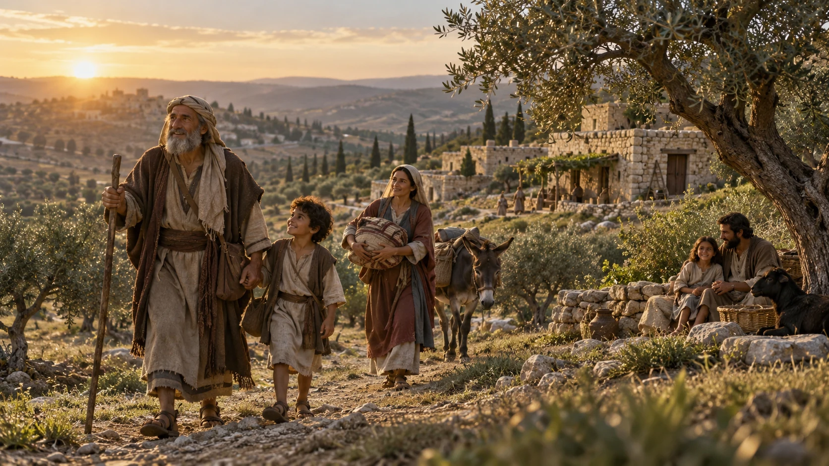 Returning Judean families walk toward repaired homes among olive trees.