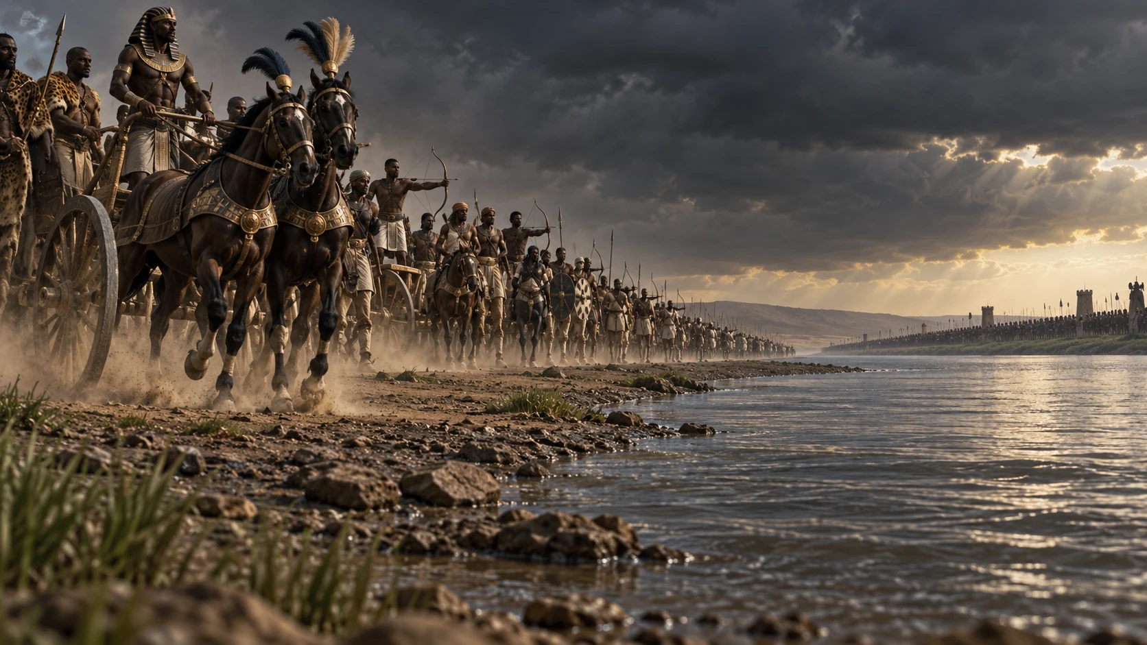 A river-like column of chariots and archers advances under dark skies.