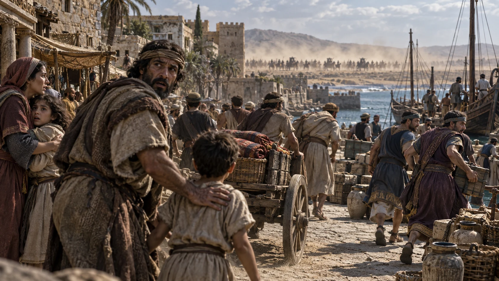A father turns toward his son while traders hurry to the harbor.