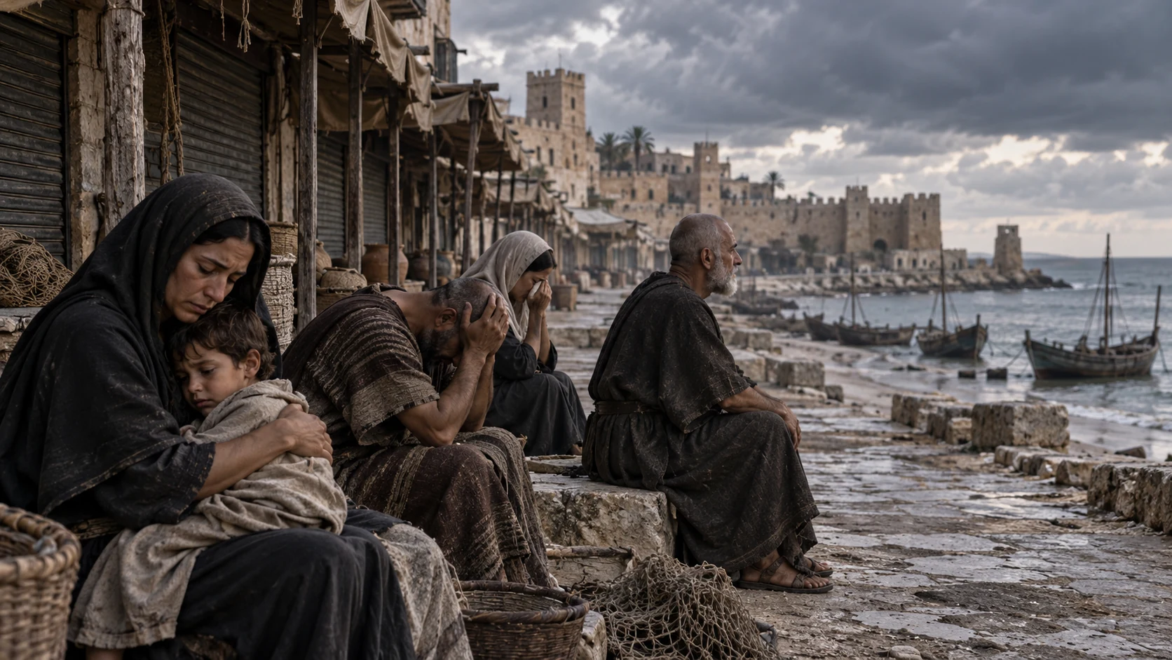 Mourners sit by closed stalls above a quiet harbor.