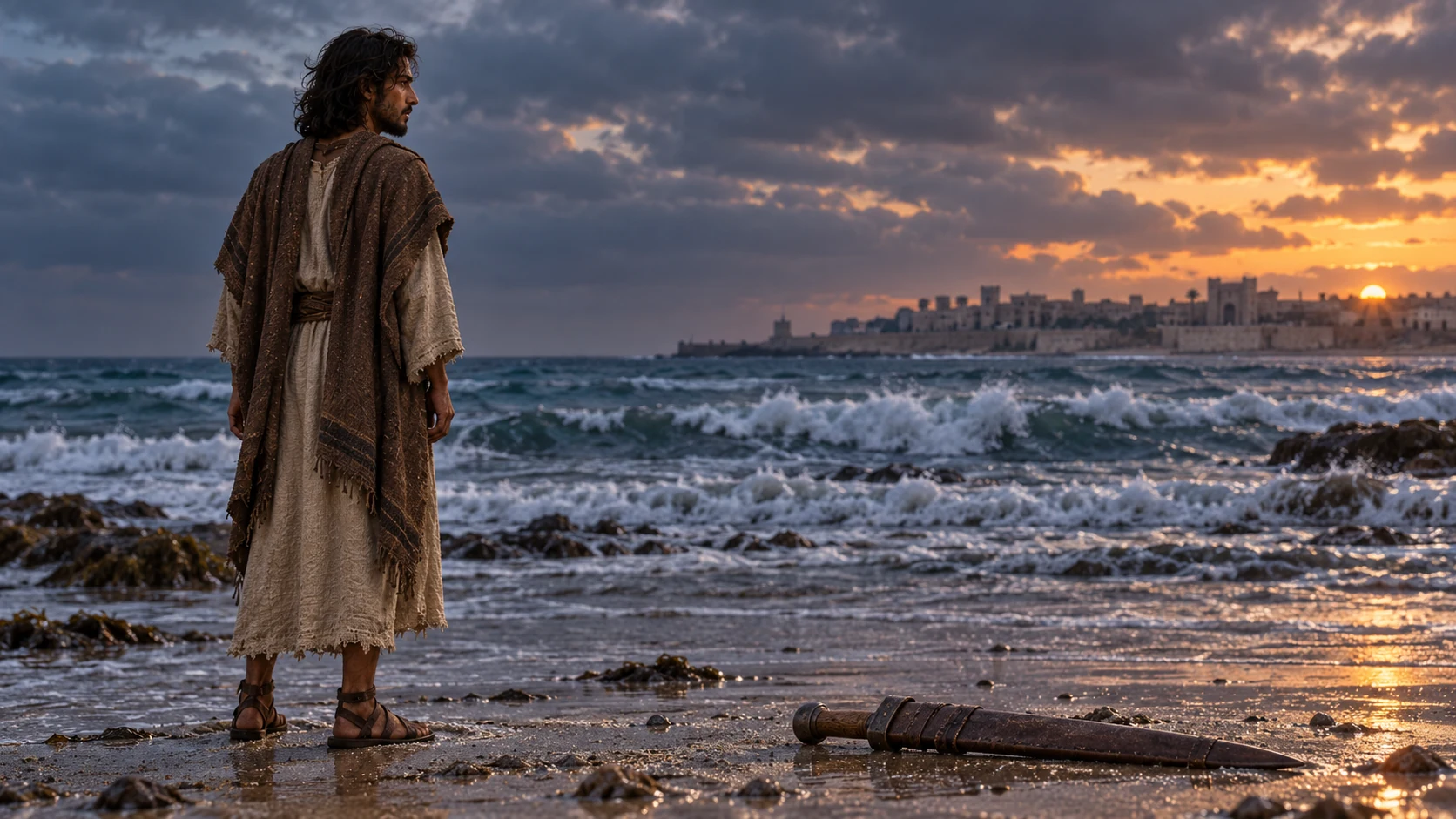Jeremiah looks toward Ashkelon past a sheathed short sword on the sand.