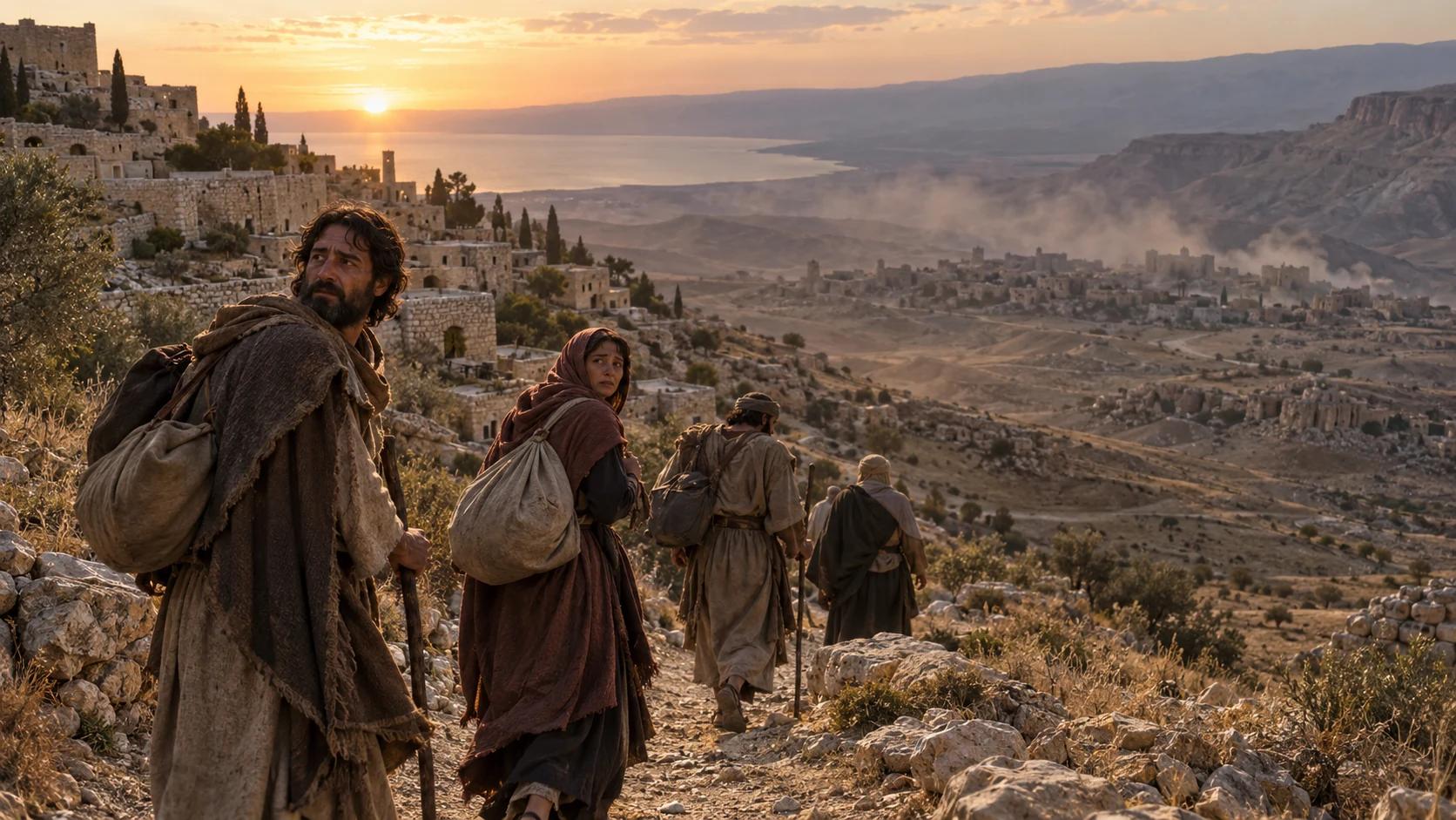Travelers look back toward dusty Moabite towns from a rocky path.