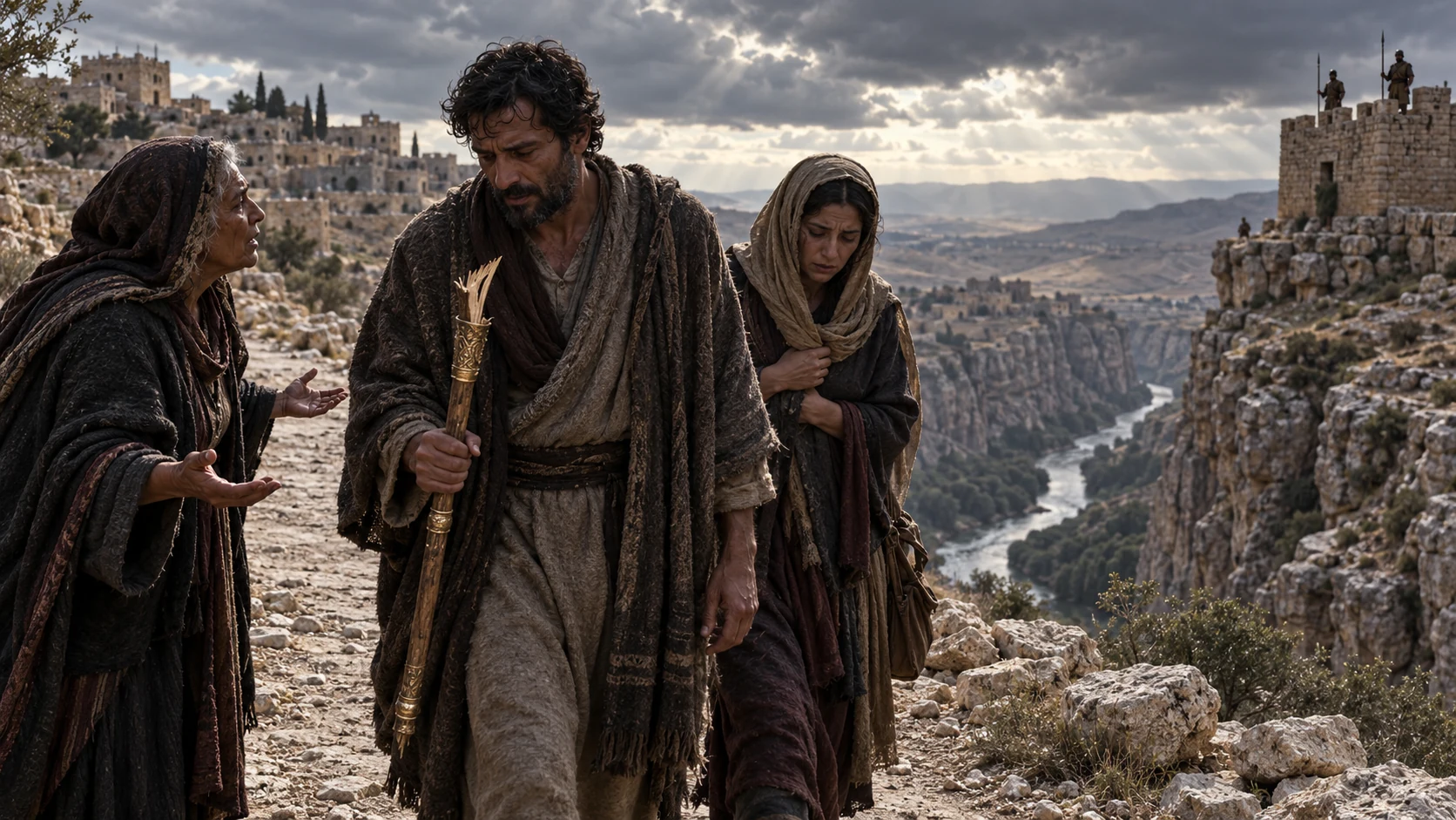 An older woman questions two travelers carrying a broken ceremonial staff.