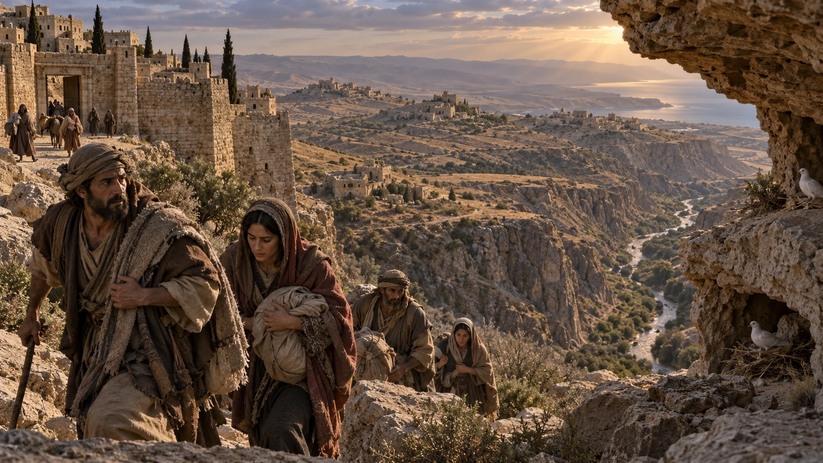 Moabite travelers move from plateau towns toward a ravine where doves nest.