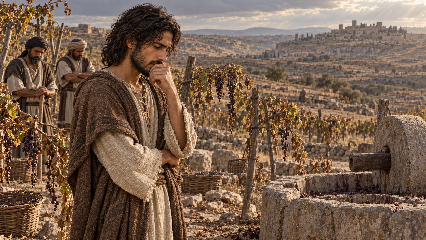 Jeremiah stands beside unpicked grapes and an idle stone winepress.
