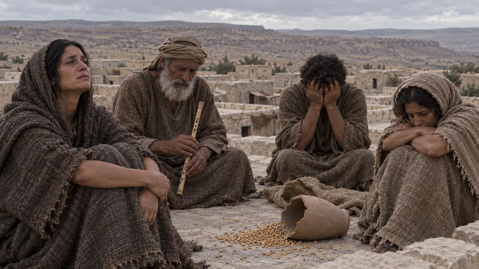 Four mourners sit with a flute and a broken jar above a modest village.