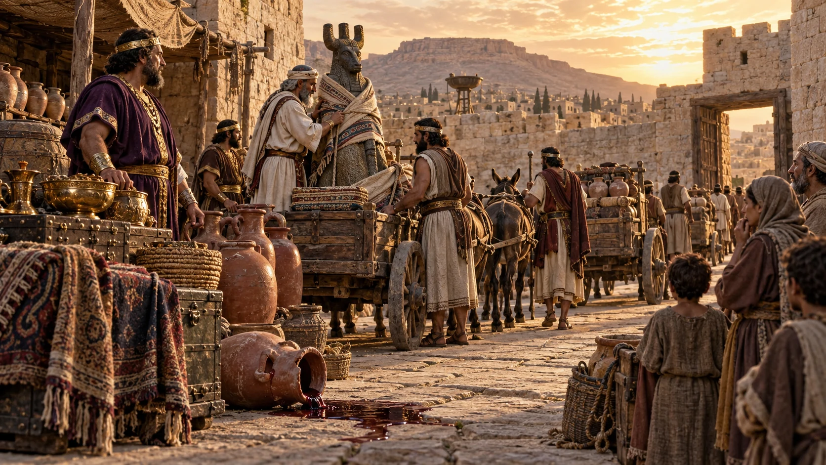 Officials carry treasures and a cult statue past a broken wine jar.