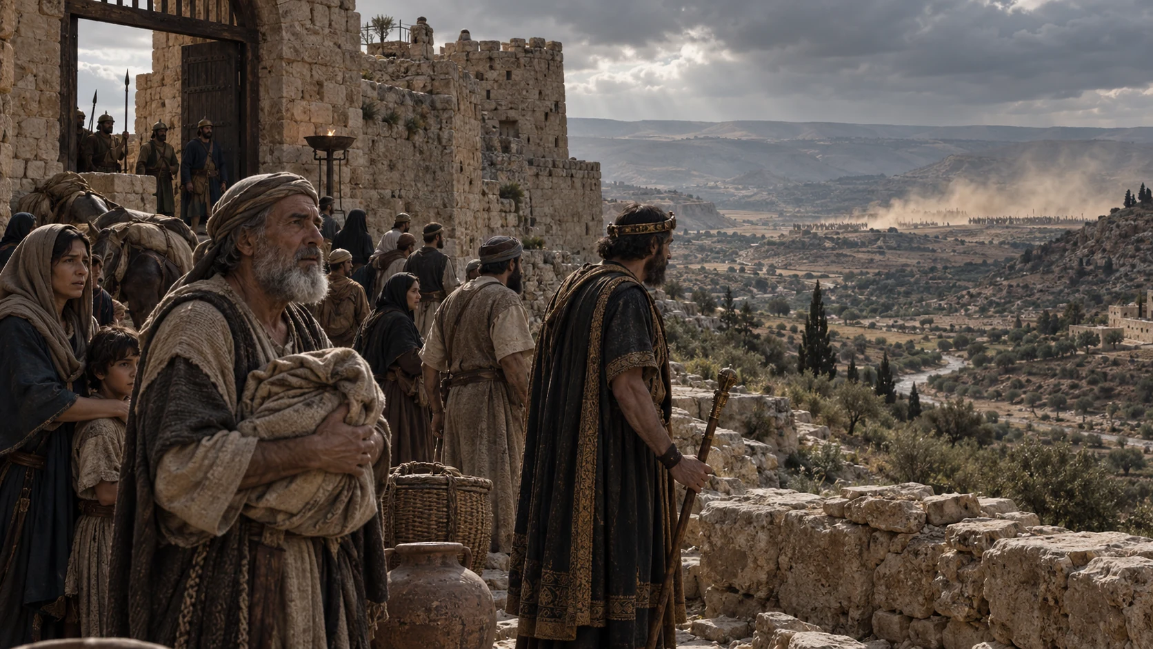 Ammonite residents watch dust rise beyond the gate of Rabbah.
