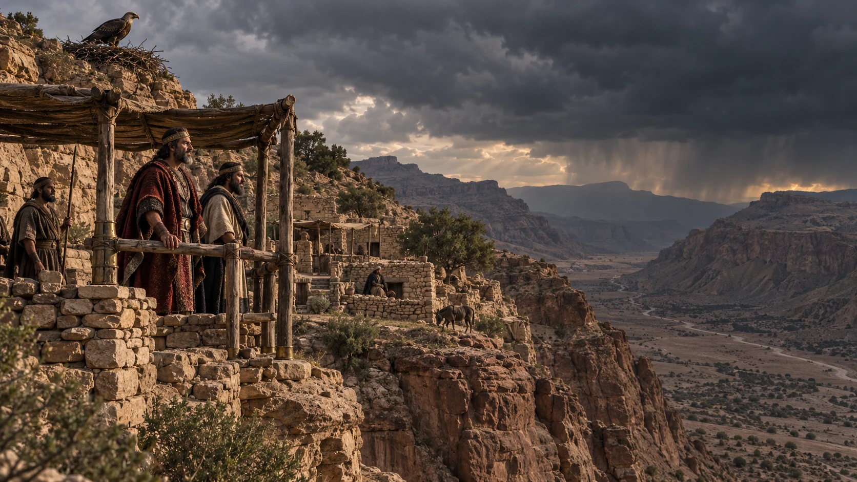 A real eagle nests above Edomite dwellings built into a high rocky ridge.