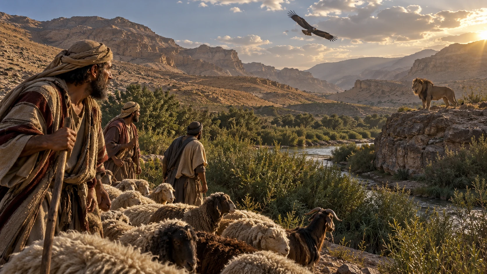 A lion emerges from Jordan thickets as a distant eagle circles above shepherds.