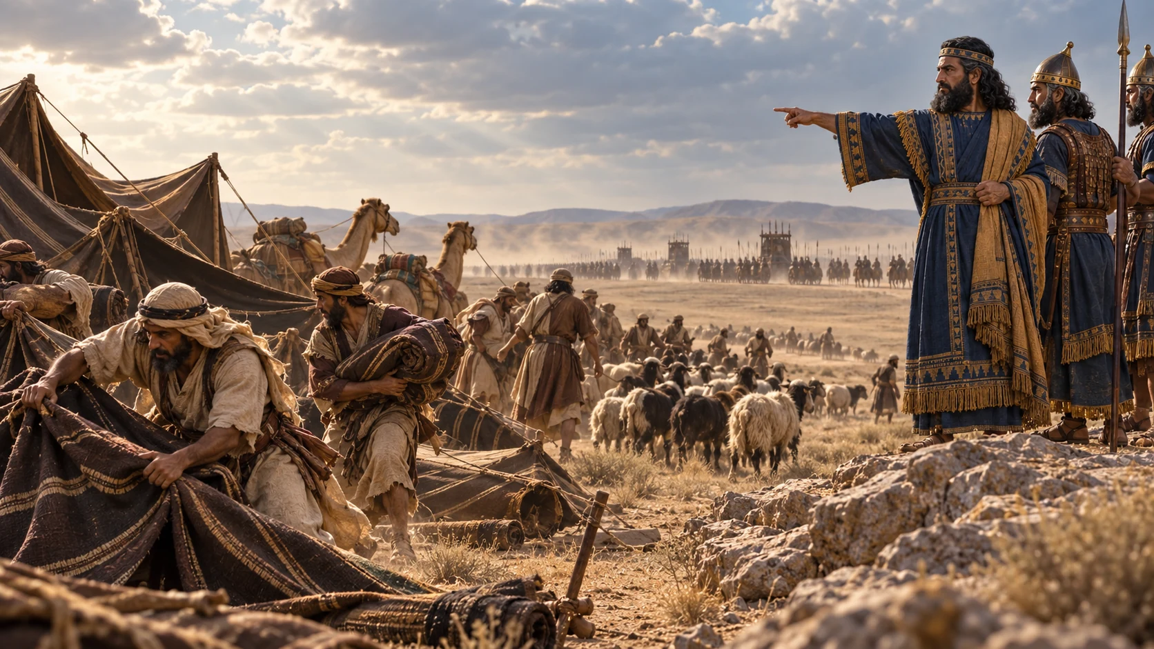 Nebuchadnezzar directs troops toward a desert encampment with goat-hair tents.
