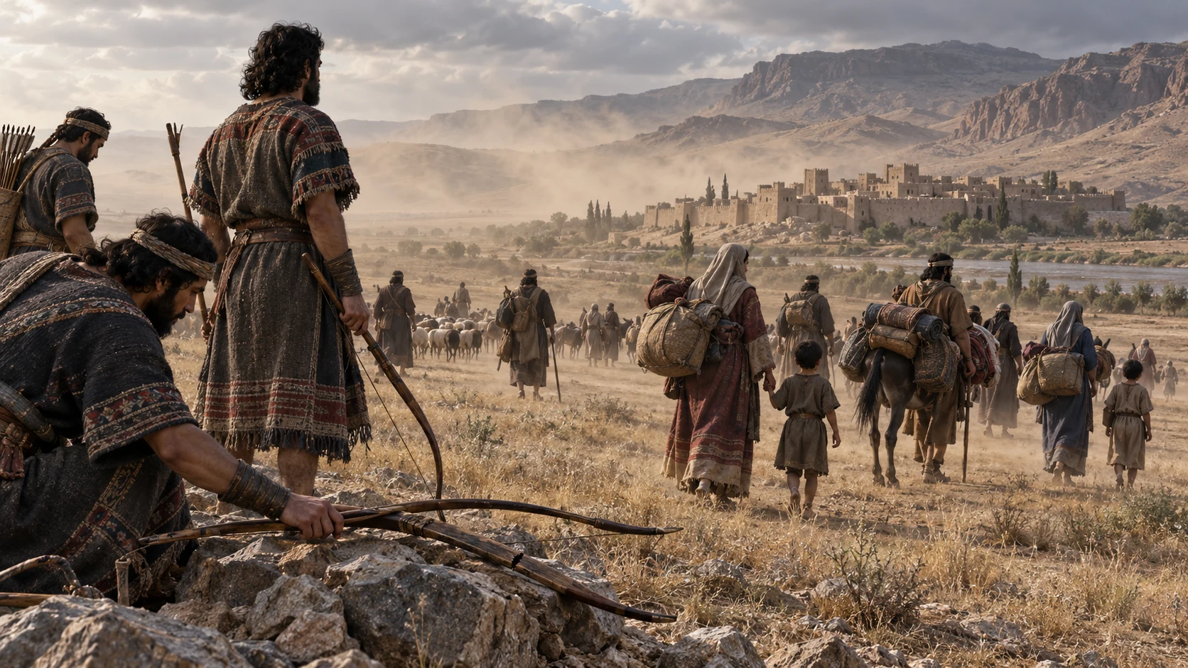 Elamite families disperse across a windy plain beside abandoned bows.
